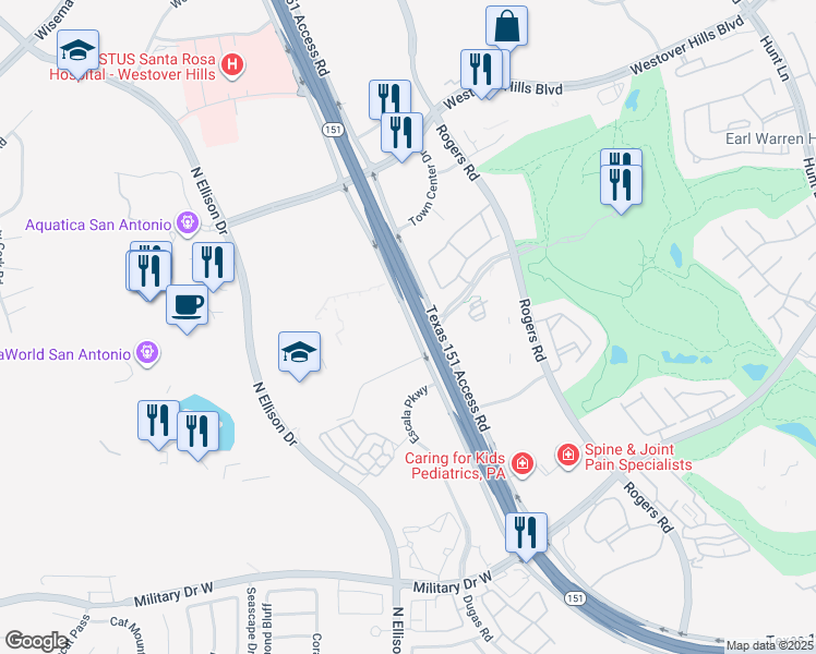 map of restaurants, bars, coffee shops, grocery stores, and more near Texas 151 Access Road in San Antonio
