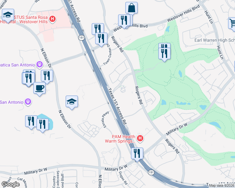 map of restaurants, bars, coffee shops, grocery stores, and more near 9903 Nationwide Drive in San Antonio