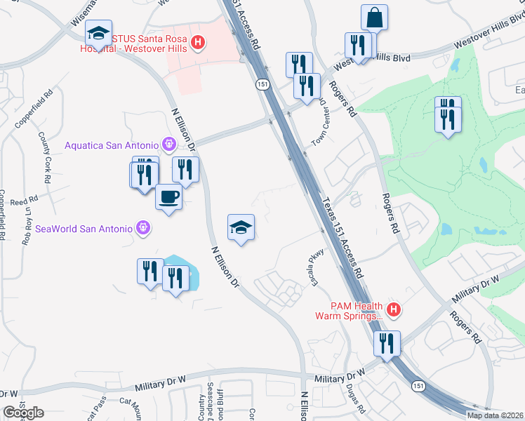 map of restaurants, bars, coffee shops, grocery stores, and more near 10800 Texas 151 in San Antonio