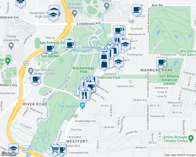 map of restaurants, bars, coffee shops, grocery stores, and more near Broadway Street & Funston Place in San Antonio