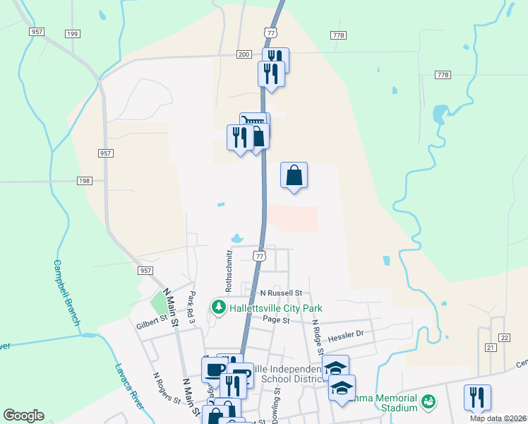 map of restaurants, bars, coffee shops, grocery stores, and more near 1514 North Texana Street in Hallettsville