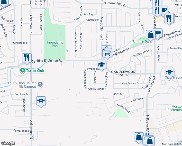 map of restaurants, bars, coffee shops, grocery stores, and more near 6103 Lyndell Spring in San Antonio