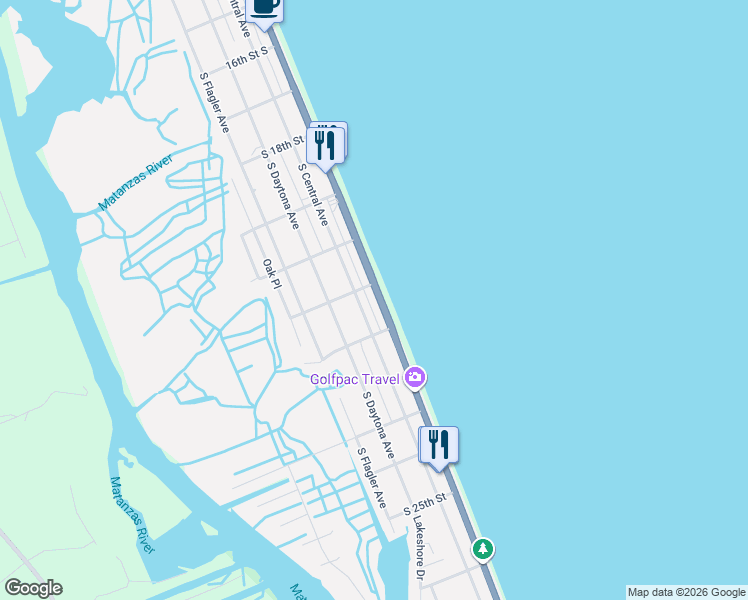 map of restaurants, bars, coffee shops, grocery stores, and more near 2044 South Oceanshore Boulevard in Flagler Beach