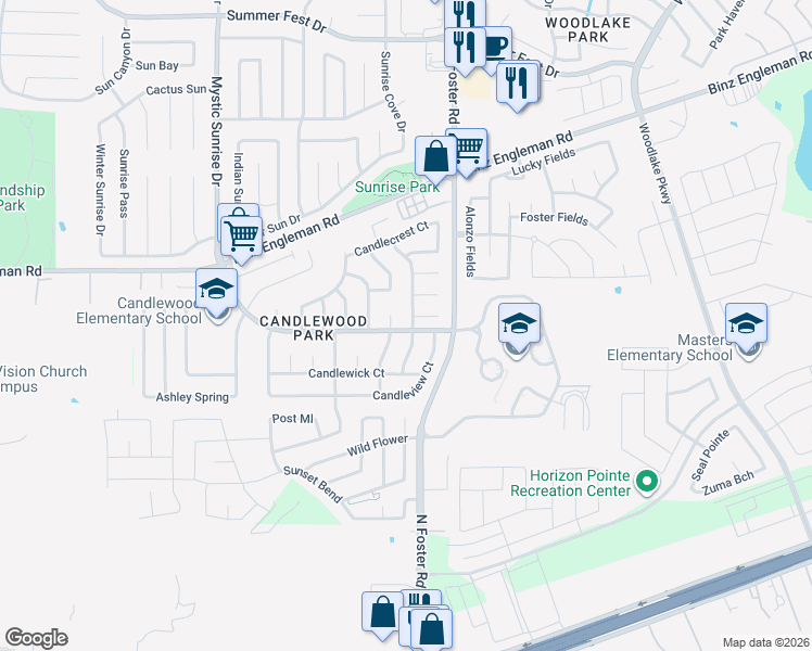map of restaurants, bars, coffee shops, grocery stores, and more near 6503 Candlearch Circle in San Antonio