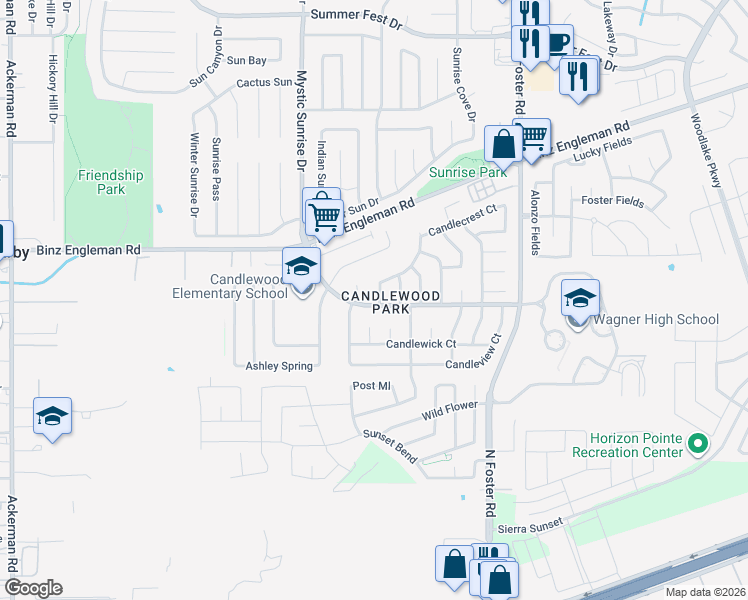 map of restaurants, bars, coffee shops, grocery stores, and more near 3701 Candlebluff Drive in San Antonio