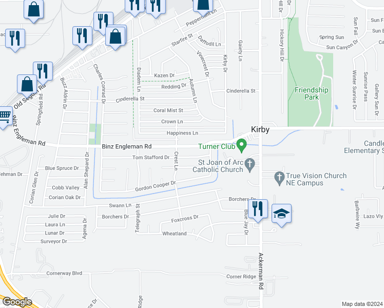 map of restaurants, bars, coffee shops, grocery stores, and more near 5223 Tom Stafford Drive in San Antonio