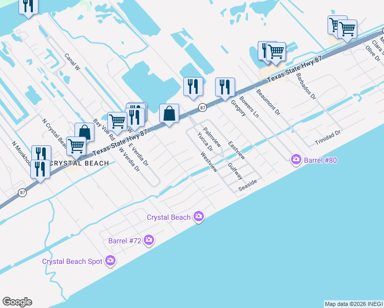 map of restaurants, bars, coffee shops, grocery stores, and more near 1991 Calypso in Bolivar Peninsula