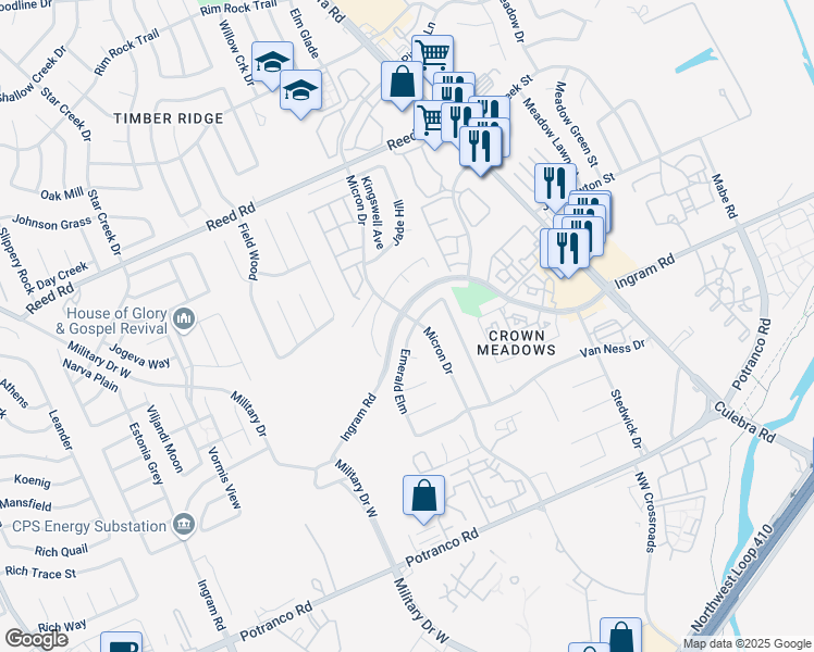 map of restaurants, bars, coffee shops, grocery stores, and more near 7827 Emerald Elm in San Antonio