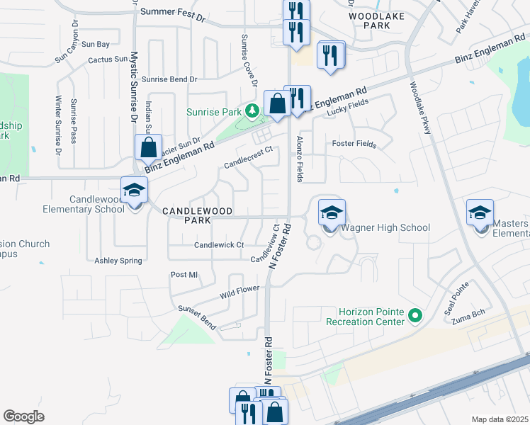 map of restaurants, bars, coffee shops, grocery stores, and more near 6503 Candlearch Circle in San Antonio