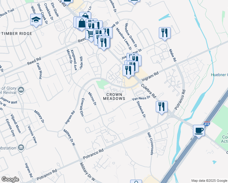map of restaurants, bars, coffee shops, grocery stores, and more near 7636 Ingram Road in San Antonio