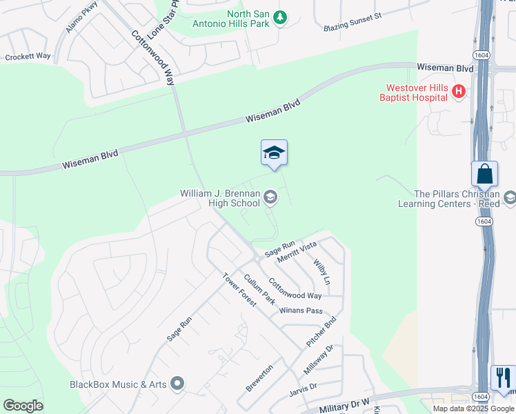 map of restaurants, bars, coffee shops, grocery stores, and more near 2400 Cottonwood Way in San Antonio