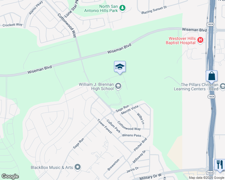map of restaurants, bars, coffee shops, grocery stores, and more near 2400 Cottonwood Way in San Antonio