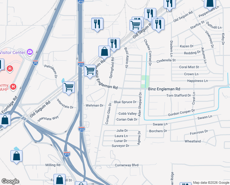 map of restaurants, bars, coffee shops, grocery stores, and more near 1424 Springfield Road in San Antonio