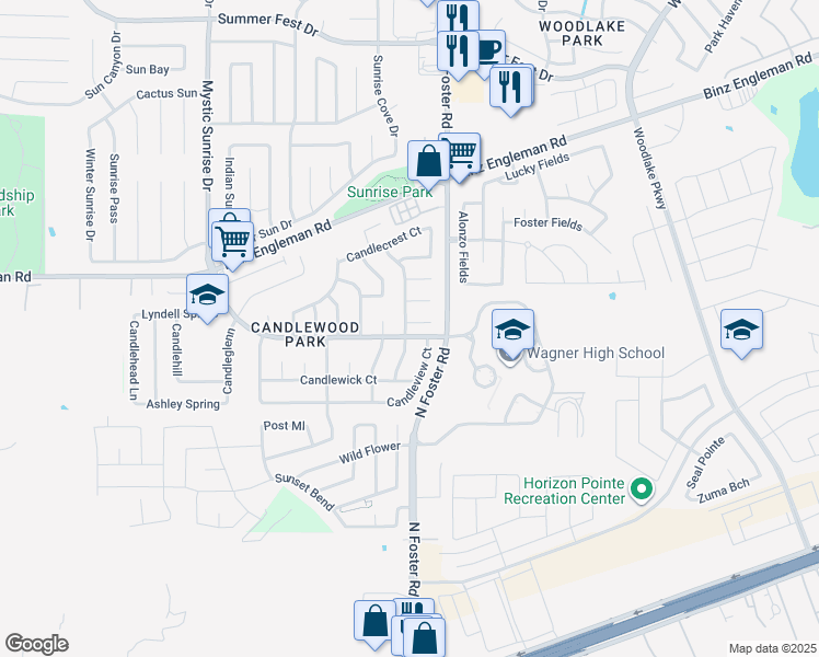 map of restaurants, bars, coffee shops, grocery stores, and more near 6502 Candlearch Circle in San Antonio