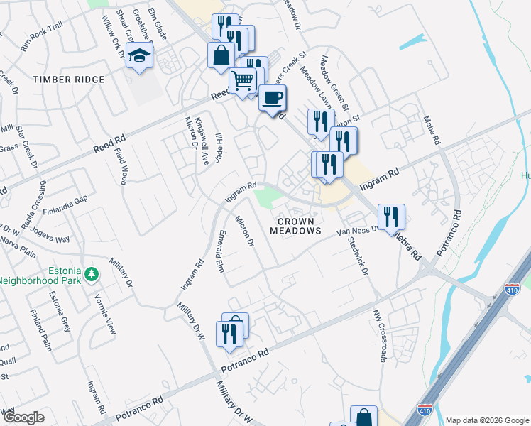 map of restaurants, bars, coffee shops, grocery stores, and more near 2330 Fox Meadow Drive in San Antonio