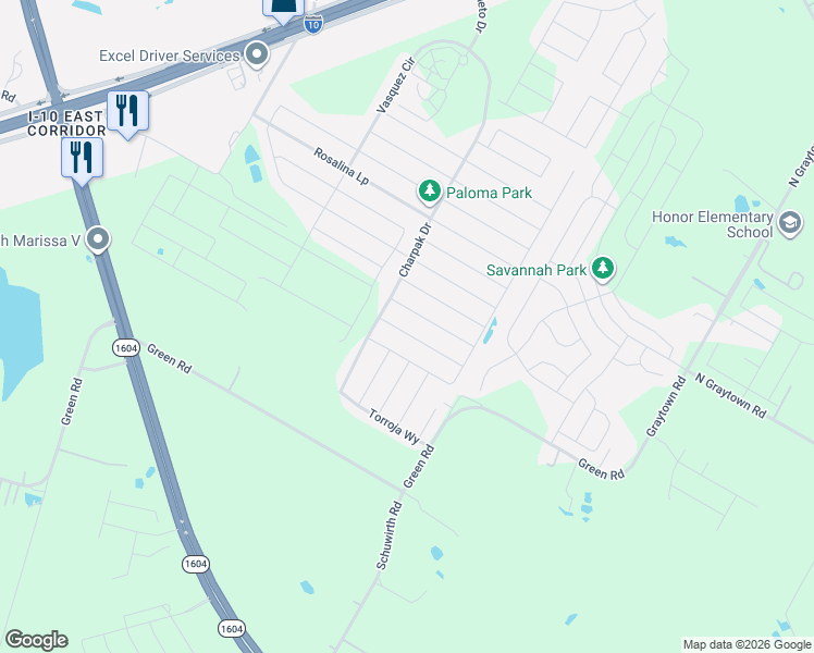 map of restaurants, bars, coffee shops, grocery stores, and more near 10641 Green Road in Converse