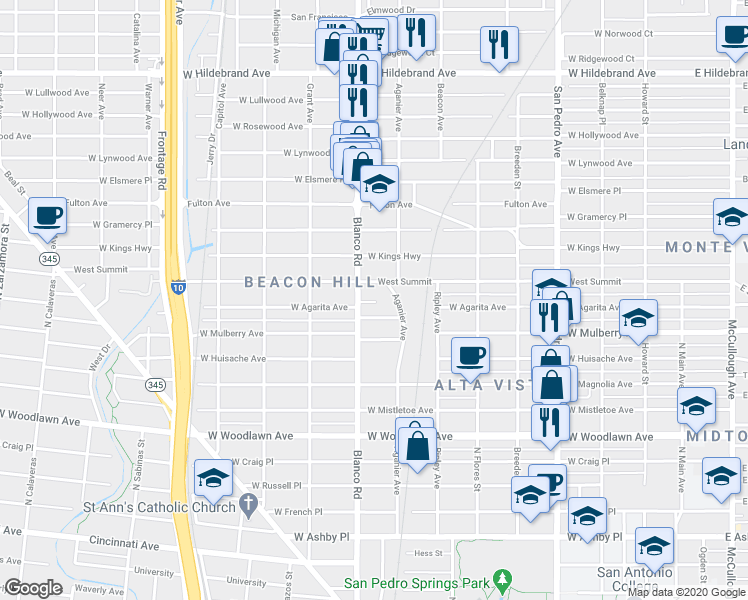 map of restaurants, bars, coffee shops, grocery stores, and more near 730 West Summit in San Antonio