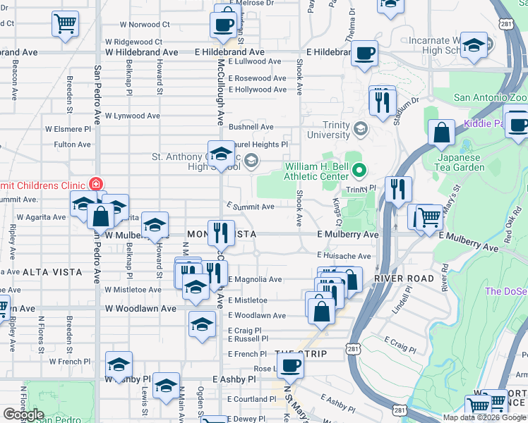 map of restaurants, bars, coffee shops, grocery stores, and more near 317 East Summit Avenue in San Antonio