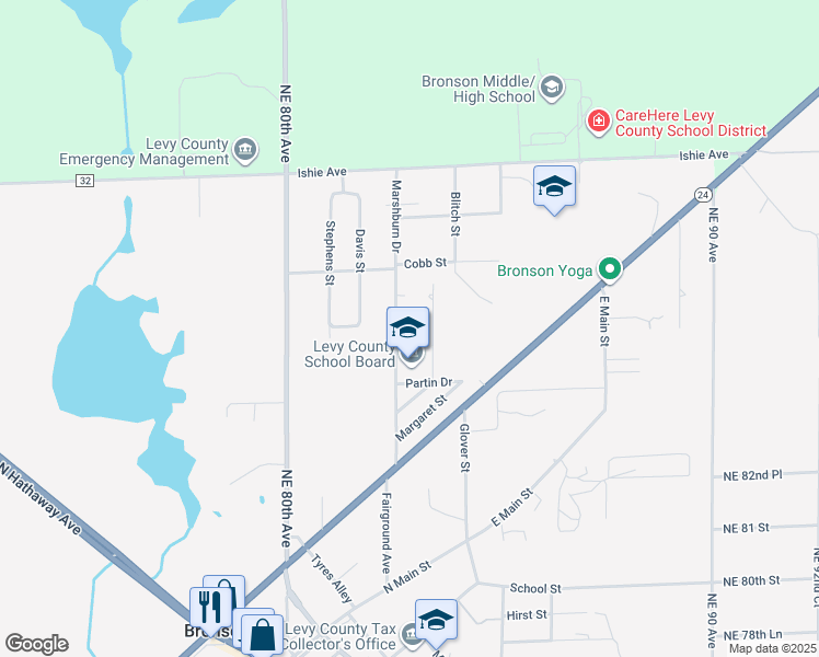 map of restaurants, bars, coffee shops, grocery stores, and more near 480 Marshburn Drive in Bronson