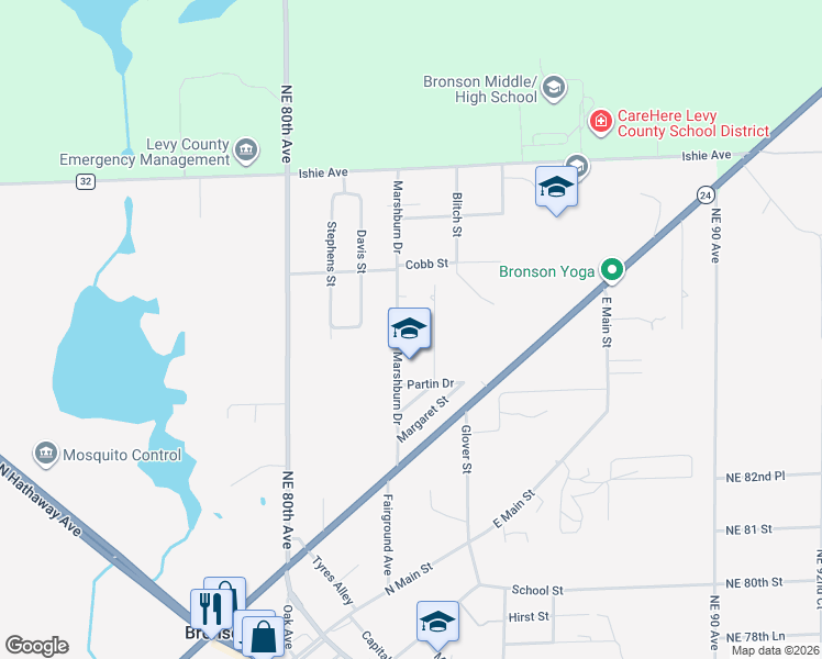 map of restaurants, bars, coffee shops, grocery stores, and more near 480 Marshburn Drive in Bronson