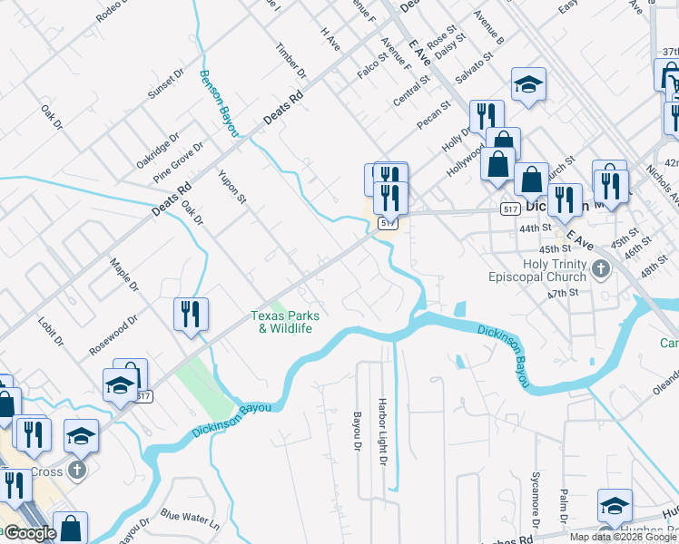 map of restaurants, bars, coffee shops, grocery stores, and more near 3711 Fatta Drive in Dickinson
