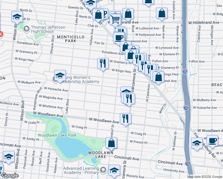 map of restaurants, bars, coffee shops, grocery stores, and more near 1809 West Mulberry Avenue in San Antonio