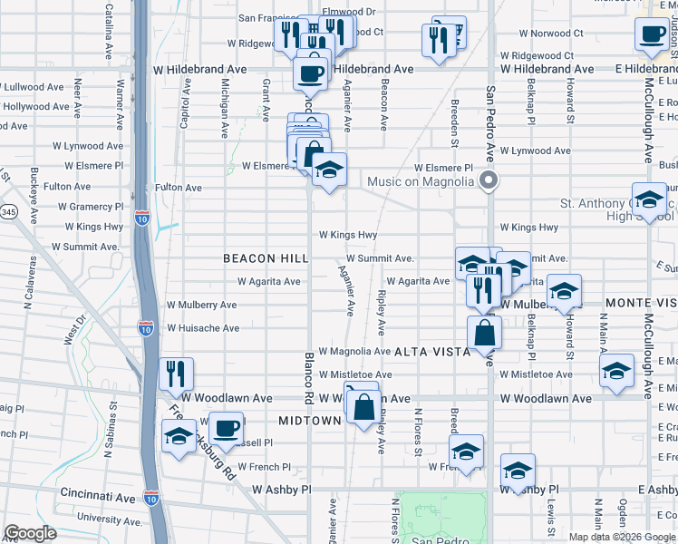 map of restaurants, bars, coffee shops, grocery stores, and more near 730 West Summit in San Antonio