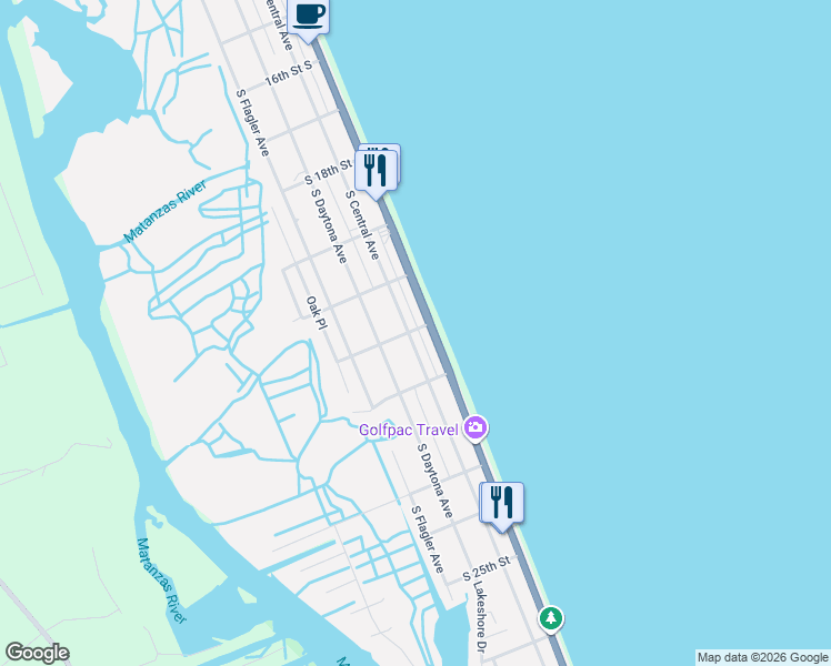 map of restaurants, bars, coffee shops, grocery stores, and more near 2042 South Oceanshore Boulevard in Flagler Beach