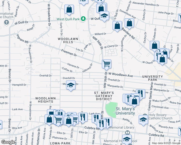 map of restaurants, bars, coffee shops, grocery stores, and more near Canterbury Drive in San Antonio