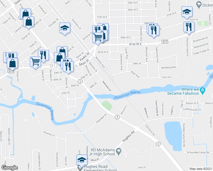 map of restaurants, bars, coffee shops, grocery stores, and more near 4901 Nebraska Street in Dickinson