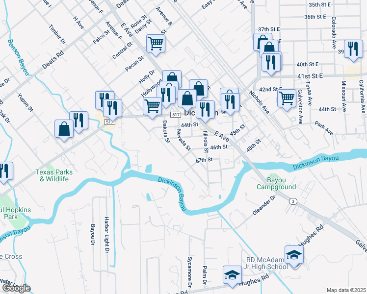 map of restaurants, bars, coffee shops, grocery stores, and more near 4505 Dakota Street in Dickinson