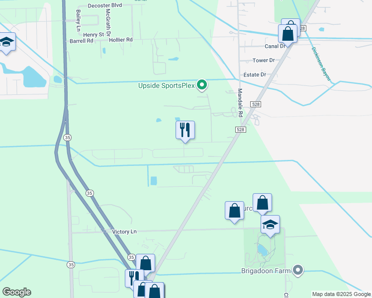 map of restaurants, bars, coffee shops, grocery stores, and more near 1655 Fox Meadow Drive in Alvin