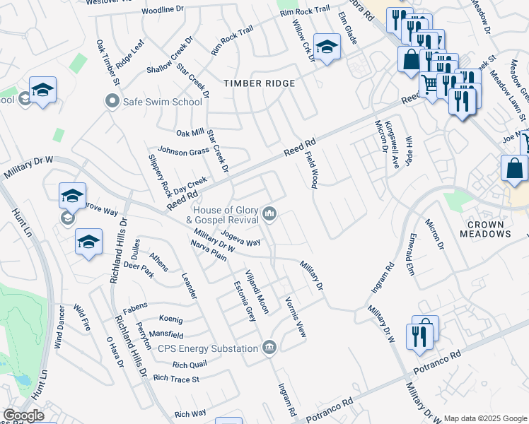 map of restaurants, bars, coffee shops, grocery stores, and more near 8602 Finlandia Gap in San Antonio