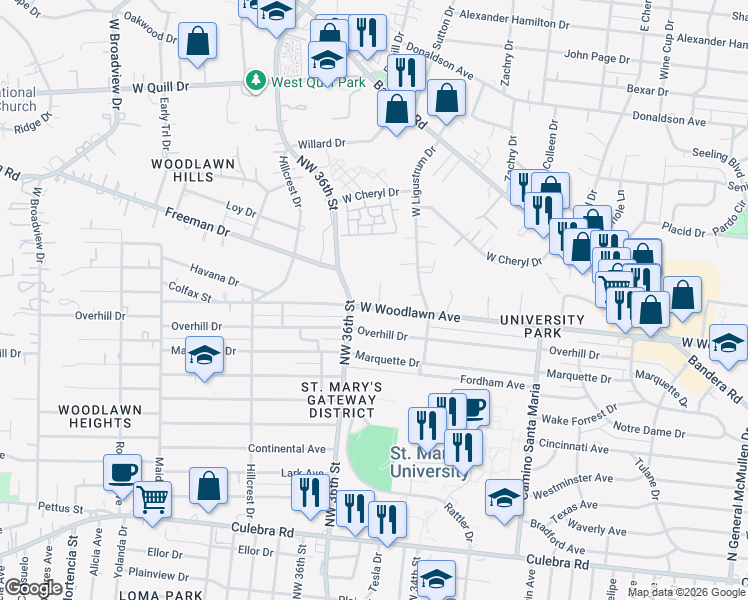 map of restaurants, bars, coffee shops, grocery stores, and more near 105 Halvern Drive in San Antonio