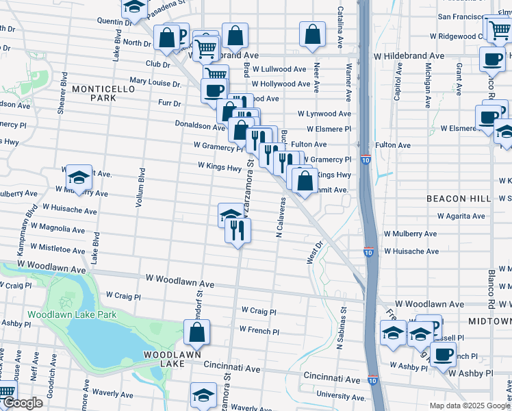 map of restaurants, bars, coffee shops, grocery stores, and more near 1643 West Mulberry Avenue in San Antonio