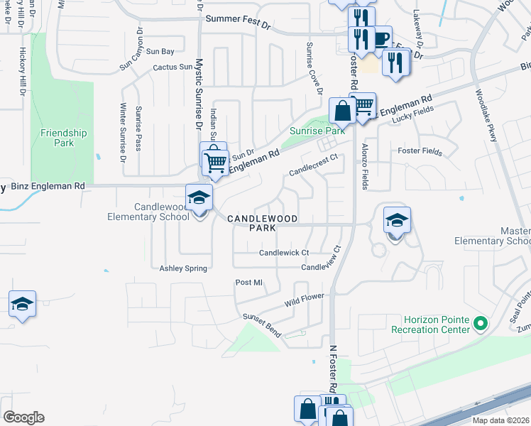 map of restaurants, bars, coffee shops, grocery stores, and more near 3721 Candlebluff Drive in San Antonio