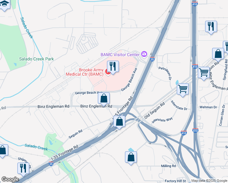 map of restaurants, bars, coffee shops, grocery stores, and more near George Beach Avenue in San Antonio