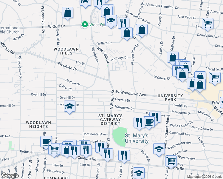 map of restaurants, bars, coffee shops, grocery stores, and more near 2411 Northwest 36th Street in San Antonio