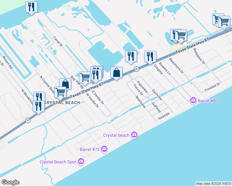 map of restaurants, bars, coffee shops, grocery stores, and more near 2040 State Highway 87 in Bolivar Peninsula
