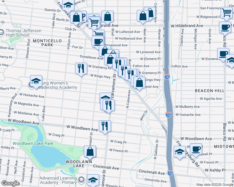 map of restaurants, bars, coffee shops, grocery stores, and more near 1643 West Mulberry Avenue in San Antonio