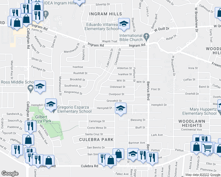 map of restaurants, bars, coffee shops, grocery stores, and more near 5222 Oldstead Street in San Antonio