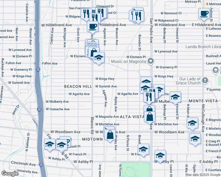 map of restaurants, bars, coffee shops, grocery stores, and more near 708 West Summit in San Antonio