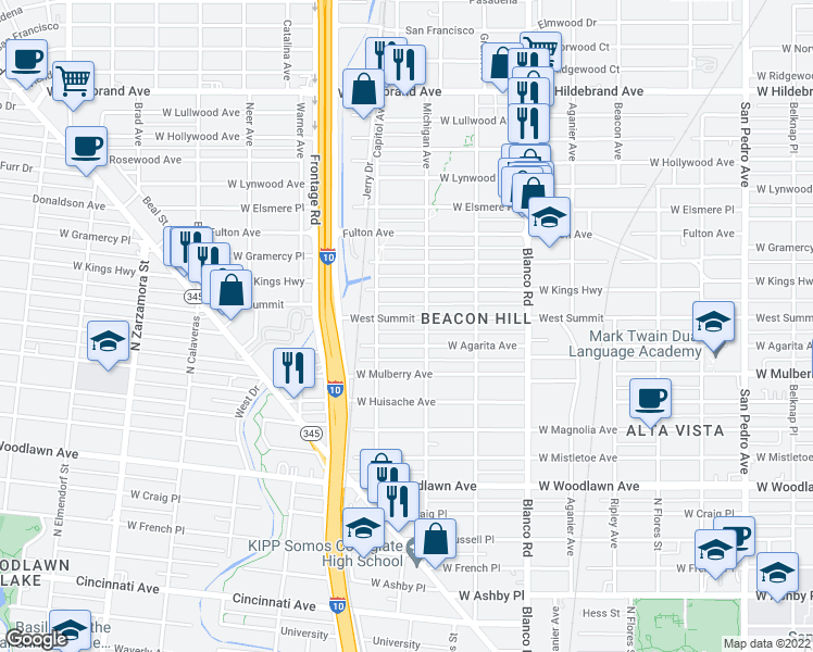 map of restaurants, bars, coffee shops, grocery stores, and more near 1114 West Summit in San Antonio
