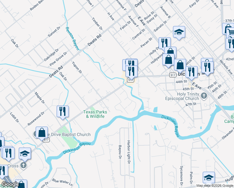 map of restaurants, bars, coffee shops, grocery stores, and more near 3711 Fatta Drive in Dickinson