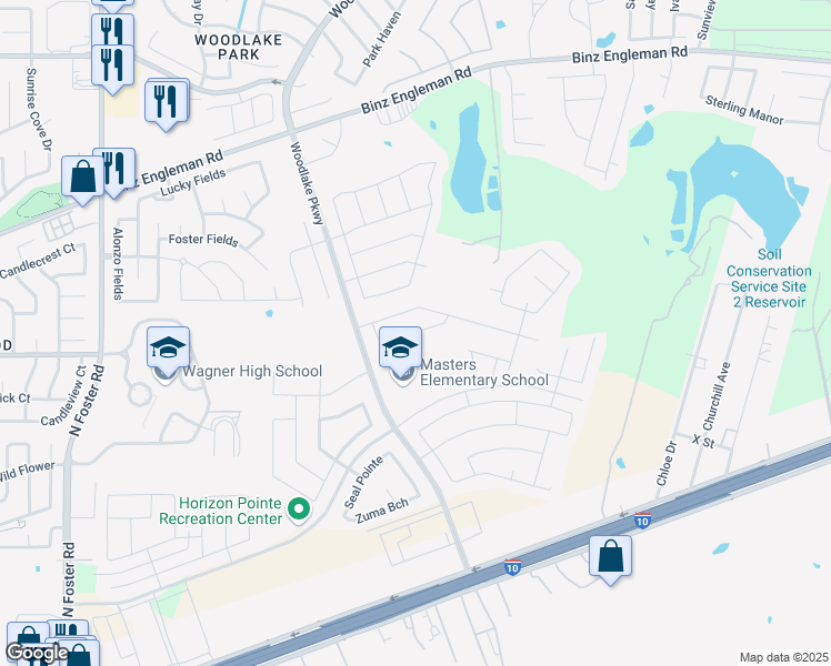 map of restaurants, bars, coffee shops, grocery stores, and more near 7135 Quarter Moon in Converse