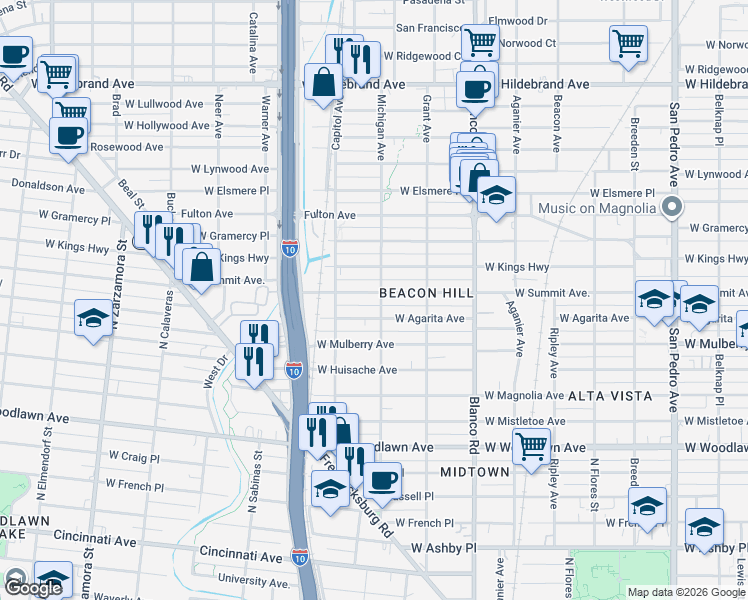 map of restaurants, bars, coffee shops, grocery stores, and more near 1114 West Summit in San Antonio