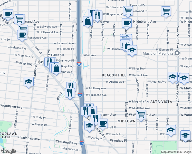 map of restaurants, bars, coffee shops, grocery stores, and more near 1114 West Summit in San Antonio