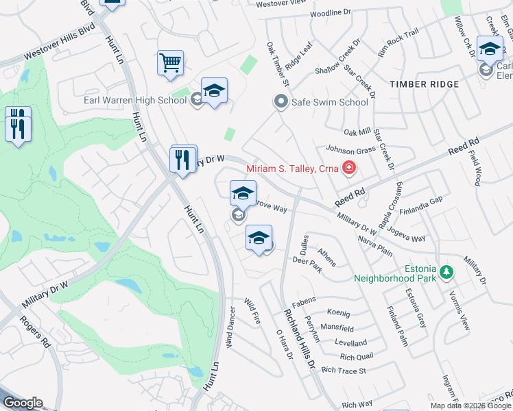map of restaurants, bars, coffee shops, grocery stores, and more near 9247 Foxgrove Way in San Antonio