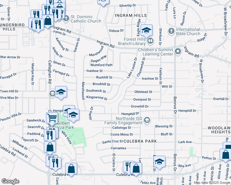 map of restaurants, bars, coffee shops, grocery stores, and more near 2227 Lake Louise Dr in San Antonio