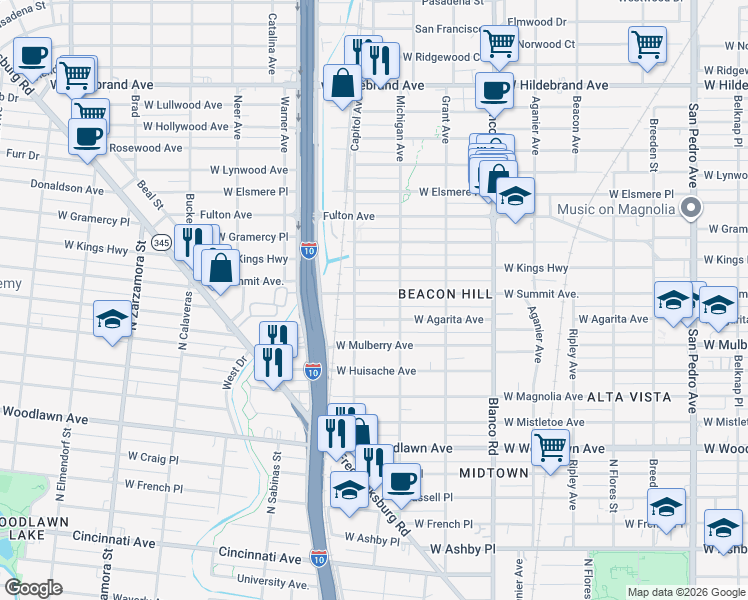map of restaurants, bars, coffee shops, grocery stores, and more near 1114 West Summit in San Antonio